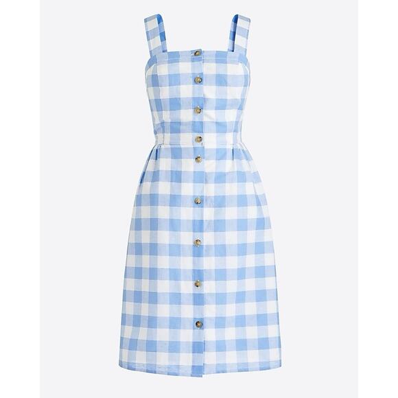 J.Crew Linen Blend Blue White Gingham Check Button Up Lined Sun Dress Sz 4 Midi - Picture 2 of 10